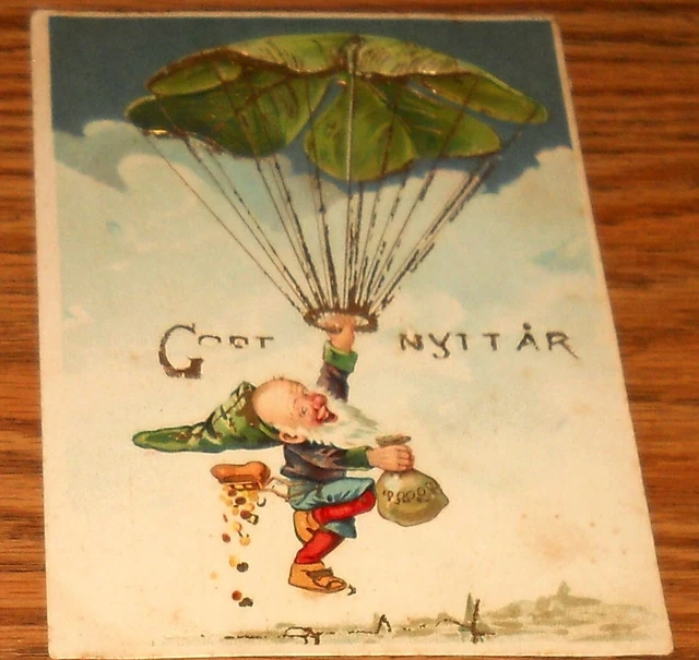 Gnome Lose Money Four Leaf Clover Parachute Lift Happy New Year 1908 Postcard C2