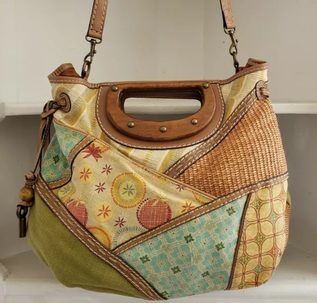 Fossil Patchwork Purse Ivory Fabric Rattan Detachable Leather Strap Wood Handle