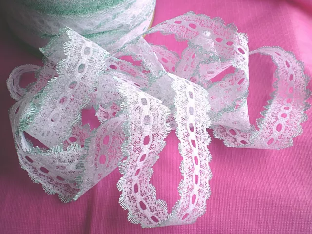 eyelet lace 10 metres x 35mm  wide white with mint coloured edging