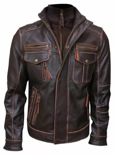 Mens Vintage Cafe Racer Distressed Brown Motorcycle Biker Real Leather Jacket