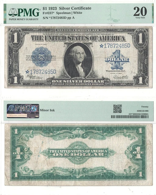 1923 $1 Silver Certificate Star Note Fr 237* PMG Very Fine-20