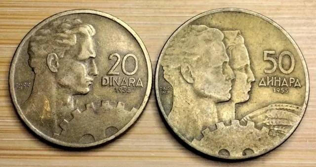 1955 Yugoslavia 20 & 50 Dinara Coins