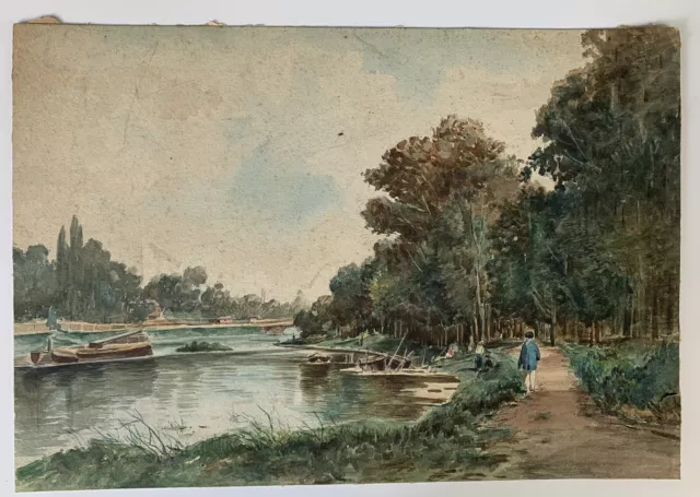 Peinture Aquarelle Ancienne Paysage Rivière Bateau Arbres Personnages XIXe