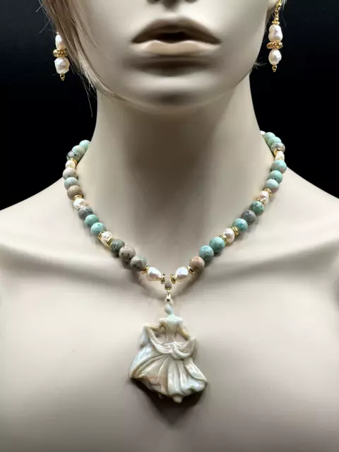 Hand Carved Amazonite Victorian  Lady Pendant Necklace Er's In Gold