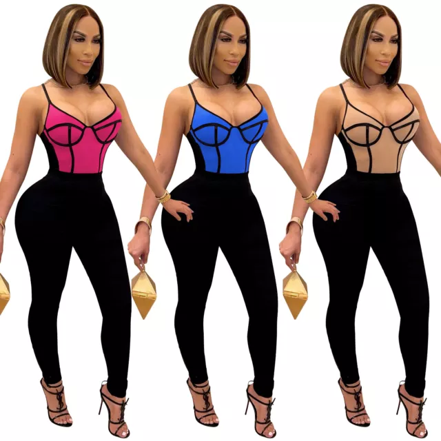 Sexy Women Scoop Neck Spaghetti Strap Sleeveless Patchwork Bodycon Long Jumpsuit