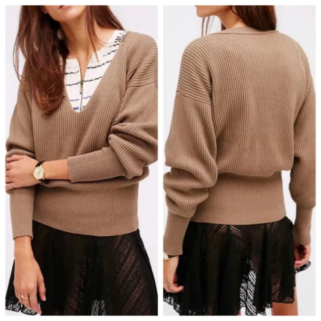 NWT Free People Taupe Knit Allure Pull Over Sweater Size Medium Deep V Neck New