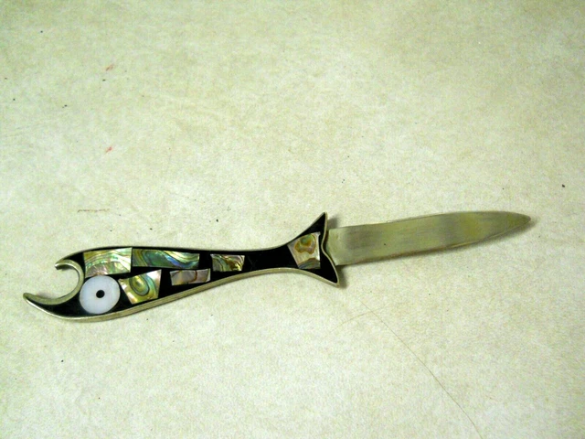 Mexican Alpaca Silver Fish Shaped Mother of Pearl Bottle & Letter Opener 7.5"