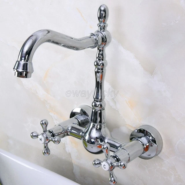 Chrome Brass Wall Mount Double Cross Handle Swivel Kitchen Sink Faucet Mixer Tap