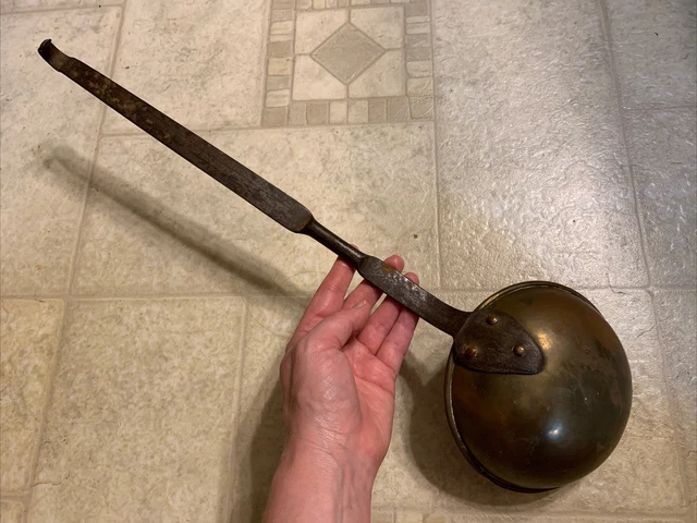18th Century Lg Hearth Ladle W Brass Bowl & Snakehead Forged Applied Iron Handle