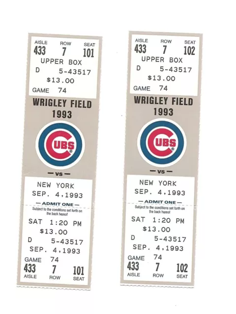 Chicago Cubs vs New York Mets Unused Baseball Tickets from 9/4/1993