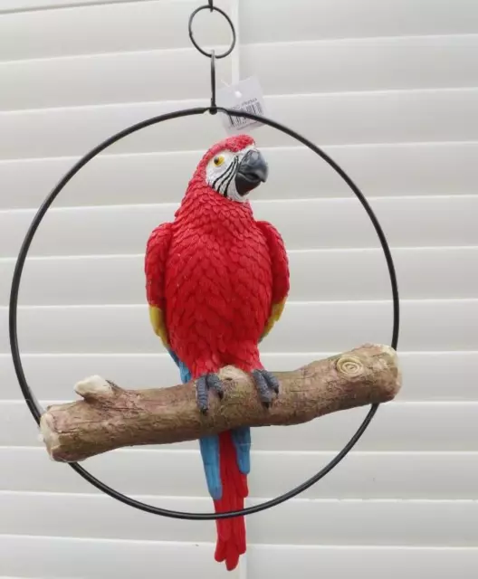 29cm BEAUTIFULL HANGING PARROT BIRD IN RING GARDEN FIGURINE RESIN  NEW