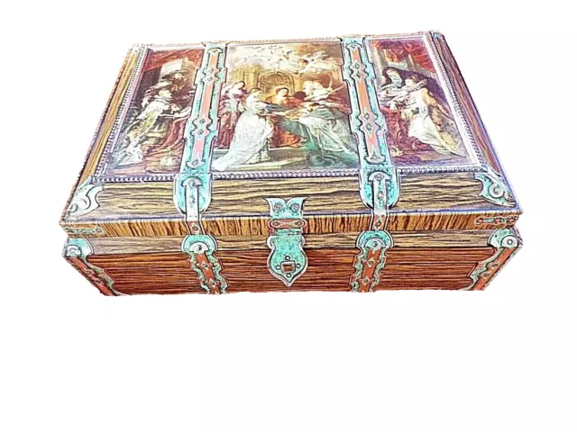 Antigua Muy Gran Caja De Galletas De Chapa Lithographiée-décor Baroque-Anges