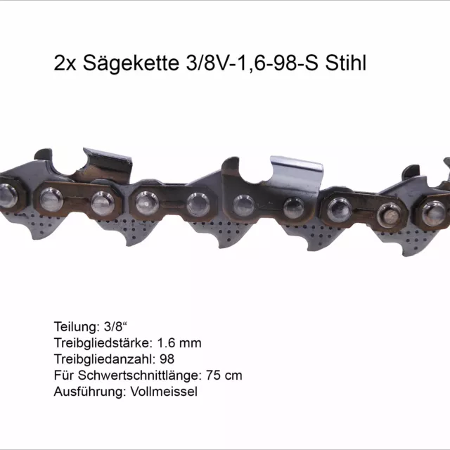 2 Stück Stihl Sägeketten Rapid Super (RS) 3/8 1.6 mm 98 TG Vollmeissel