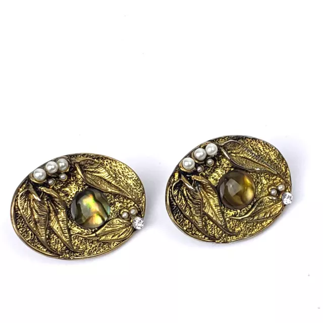 Vintage Leaves Gold Tone Oval Pearl Rhinestone Iridescent Clip On Earrings