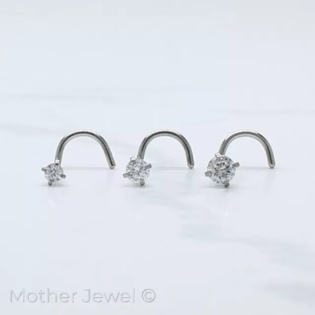 Round Simulated Diamond Nose Piercing Screw Twist 18G Silver Surgical Steel Stud