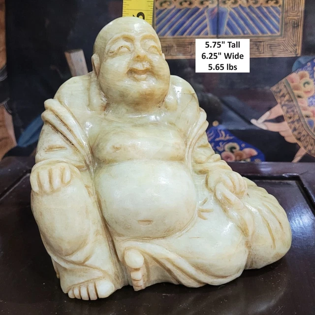 Happy Laughing Buddha Carved GREEN SOAP STONE 6.25” Figurine Statue