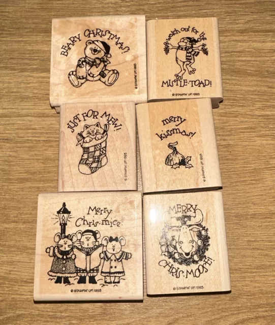 Stampin' Up! 1993 6 Piece Wood Mount Rubber Stamp Christmas Set Cat Frog Mice