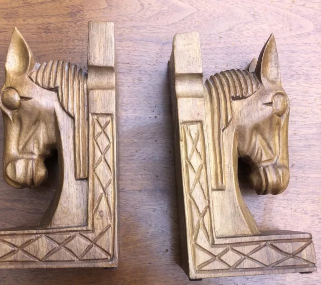 Vintage Pair Hand Carved Solid Wood Horse Head Equestrian Bookends Cowboy  6”