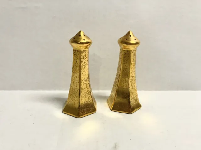 Vintage Pickard Gold Plated Art Deco Hexagon shaped Salt And Pepper Shakers