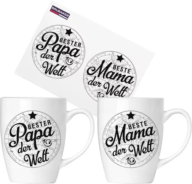 BRUBAKER - Mama y Papa -  Juego Tazas de Café Cerámica 2 Copas 300 ml + Tarjeta