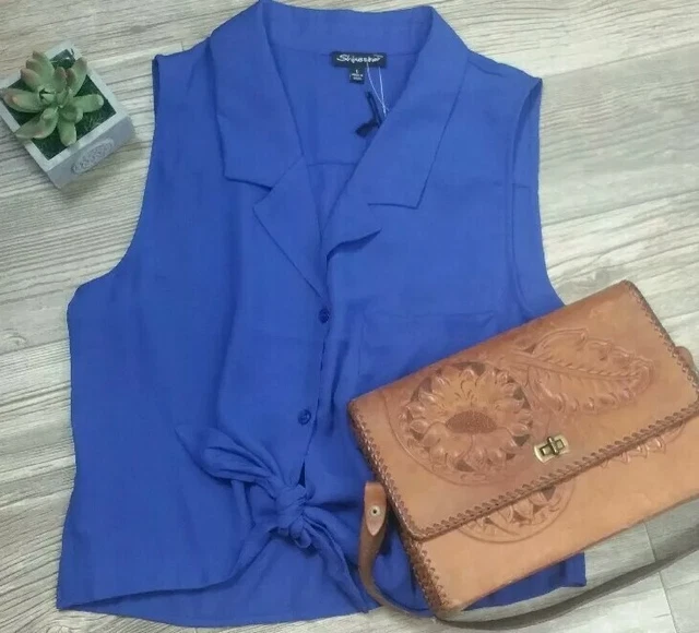 Shinestar Sz L Crop Knot Front Blue Sleeveless Shirt Fold Collar Buttons