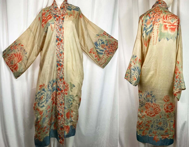 Vintage Japanese Pongee Silk Printed Floral Robe 1920s Flapper