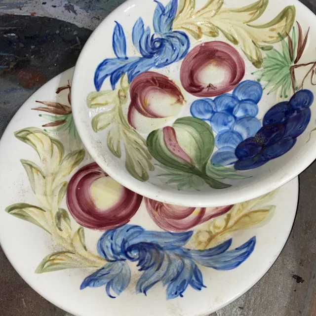 VTG PAIR MAJOLICA SYLE Plate & bowl Fruit With Leaf veggies Japan serving italy
