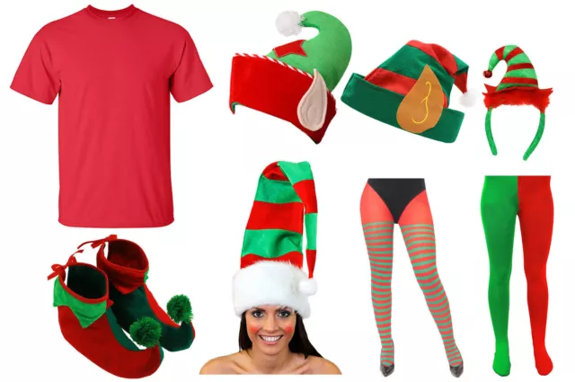 Elf Costume Red Green Choice Set Santas Helper Christmas Mens Ladies Fancy Dress