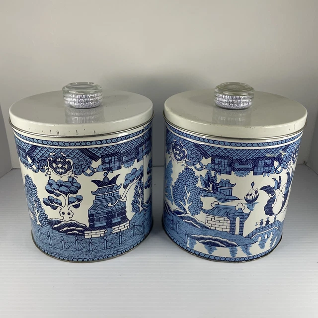 Set of 2 Vintage Blue Willow Litho Print Blue Magic Krispy Kan Canister Tin Can
