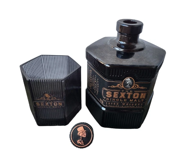 THE SEXTON Hexagonal Single Malt Irish Whiskey Glass Tumbler & Empty Bottle