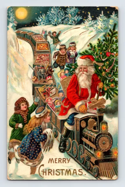 Postcard Christmas Santa Train Toys Children Full Moon 1910 Posted Amherst MA