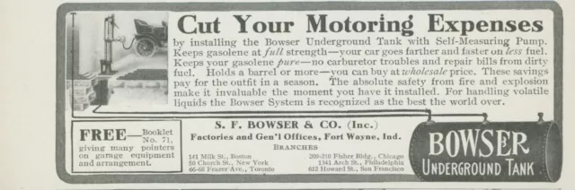 1910 Bowser Underground Tank Self Measuring Pump Fuel Expenses Vtg Print Ad CO2
