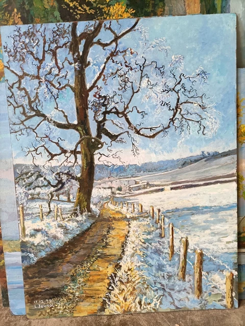 Tableau Huile sur panneau Chemin dans la neige clin d'oeil à Monet et Pissarro