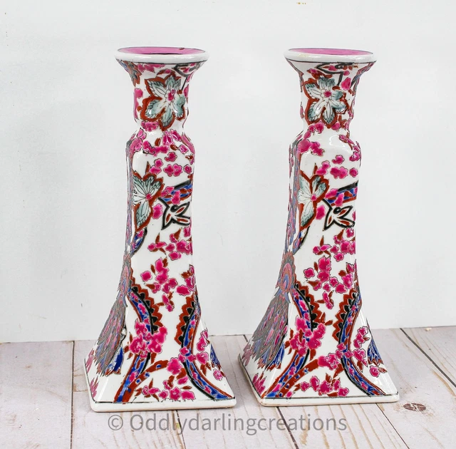 Chinoiserie Cherry Blossom Floral Candlesticks Pair Rare Pattern