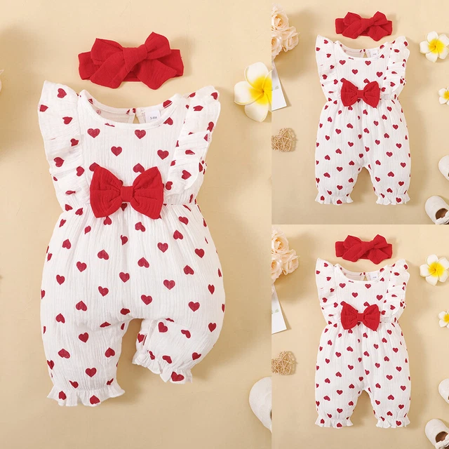 Infant Baby Girl Heart Print Romper Jumpsuit Headband Outfits Ruffle Clothes Set