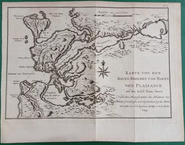 Rare 1744 Copper Engraving Map of Plaisance Port Canada by Bellin