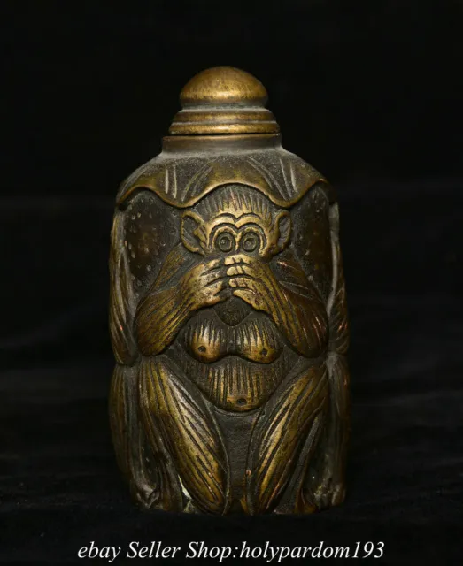 3.2" Old Chinese Bronze Dynasty Monkey Pattern Snuff box Snuff bottle