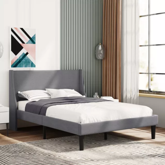 Upholstered Bed Frame 4ft6 Linen Double Bed Platform Bed with Wing Headboard BS