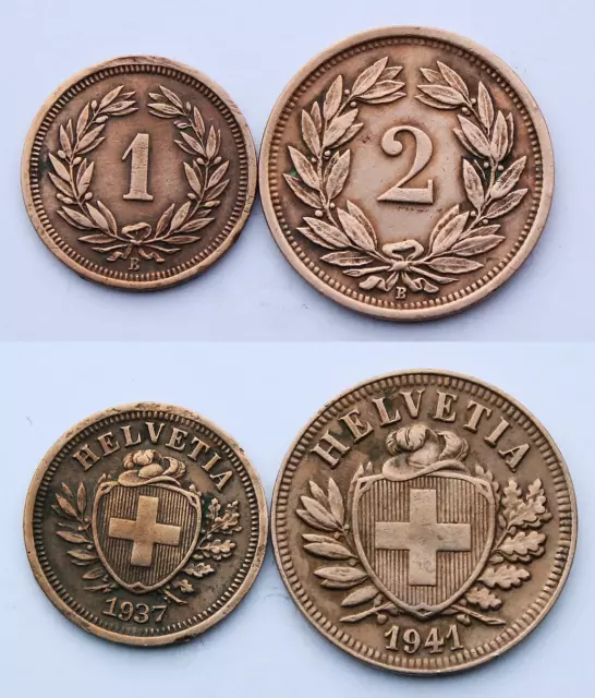 Lot de 2 pièces Suisse de 1 et 2 centimes cuivre - SUP à SPL