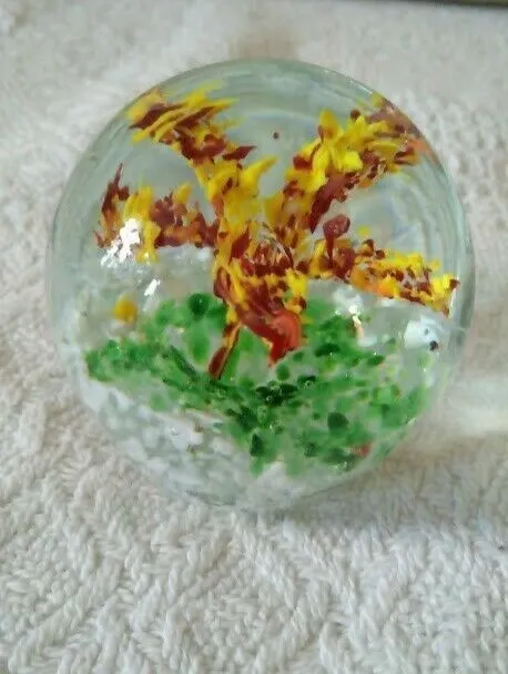 Vintage Art Glass Paperweight Flower - Yellow Red And Green