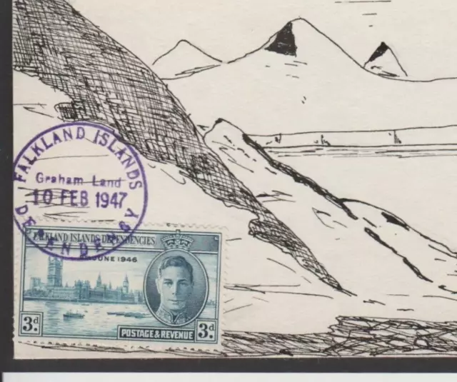 GRAHAM LAND KGVI Card 1947 Falkland Islands HAND-ILLUSTATED Polar VICTORY MS949