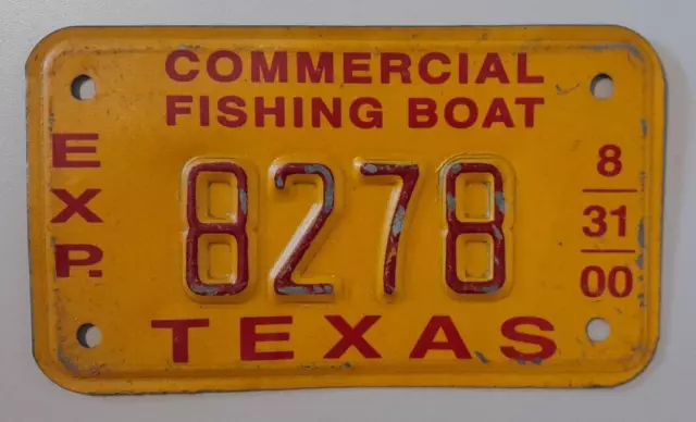 🐾 2000 Texas "Commercial Fishing Boat" License Plate (8278) Gulf Shrimp