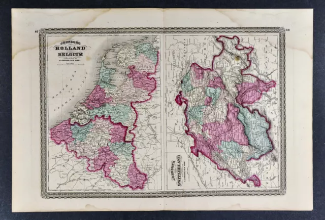 1867 Johnson Map Holland Belgium Amsterdam Brussels Rotterdam Switzerland Geneva