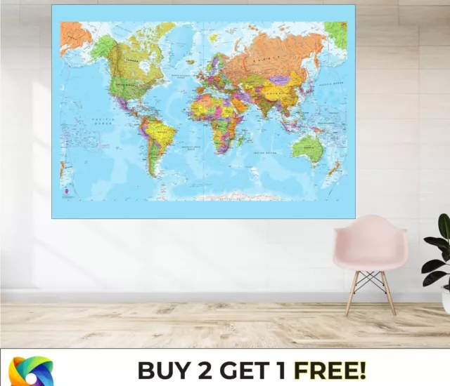 LAMINATED World Map Atlas Detailed Large Poster Art Print Gift A1 A2 A3 A4 A5