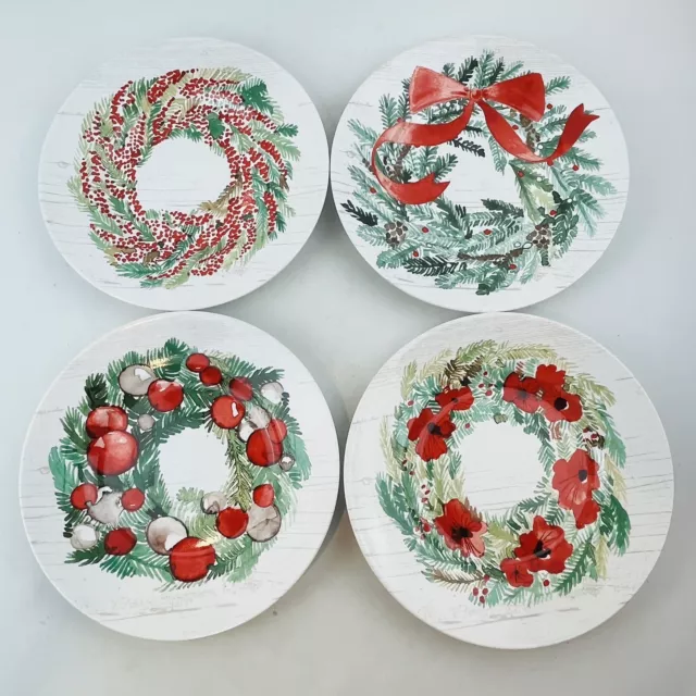 Pier 1 Wreath Set of 4 Salad Plates Porcelain Holiday Wreaths Christmas