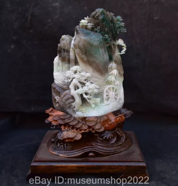 11 " Chinese Natural Dushan Jade Carved Mountain Tree scenery Statue Sculpture