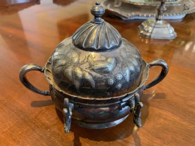 Meriden Silverplate Covered Butter Dish with Birds Berries Foliage Dome