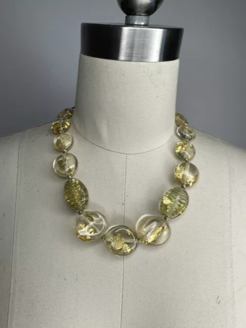 Vintage 1970s Lucite Clear Gold Rope Flake Gold Leaf Necklace Chunky Statement