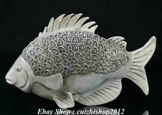 7" Old Chinese Tibet Silver Fengshui Wealth Fish Goldfish Coin Animal Statue