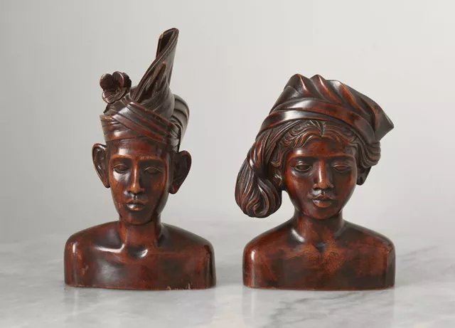 Balinese couple, two busts from BALI, Indonesia 1960s woodcarving